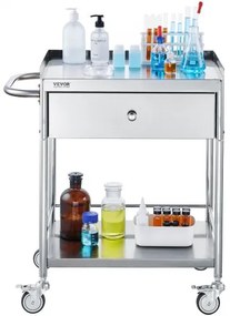 VEVOR Medical Cart, 2 Layers Stainless Steel Cart 220 lbs Weight Capacity,  Lab Utility Cart with 360° Silent Wheels and a Drawer for Lab, Clinic, Kitchen, Salon