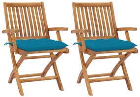 Καρέκλες Κήπου 2 τεμ. από Μασίφ Ξύλο Teak με Γαλάζια Μαξιλάρια