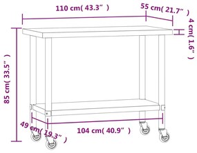 Πάγκος Εργασίας Κουζίνας με Ροδάκια 110x55x85 εκ. Ανοξ. Ατσάλι