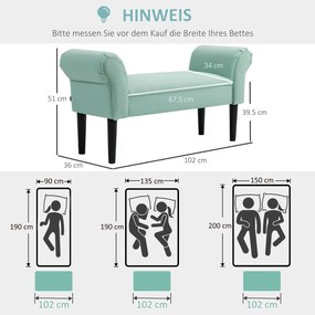 HOMCOM Ταπετσαρισμένο παγκάκι για υπνοδωμάτιο και διάδρομο, αντοχή έως 130 kg, 102 x 36 x 51 cm, Πράσινο