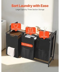 VEVOR 3 Section Laundry Sorter with Pull-Out Bags Metal Frame &amp; Wooden Tabletop