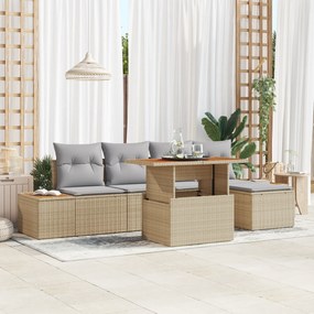 vidaXL Σετ Κήπου 6 Τεμαχίων με Μαξιλάρια Μπεζ Πολυ Ράταν Ακακία