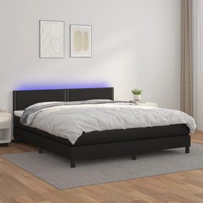 Κρεβάτι Boxspring με Στρώμα &amp; LED Μαύρο 160x200 εκ. Συνθ. Δέρμα - Μαύρο