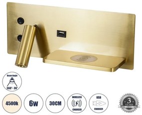 Απλίκα Φωτιστικό Τοίχου Ξενοδοχείου LED 6W 720lm Δεξί PALADIN Globostar-61358-Χρυσό 61358