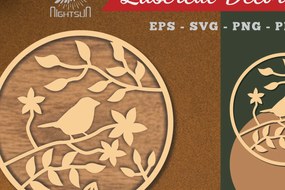 Σετ των 2 Intra απο ξύλο plywood  Χρώμα wenge 3mm-4mm πάχος - Floral Bird Round Decoration 3 Δίασταση 20x20 cm INTRAFABR-116038247