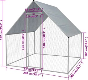 vidaXL Κοτέτσι - Κλουβί Εξωτ. Χώρου 2x2x1,92 μ. Γαλβανισμένος Χάλυβας