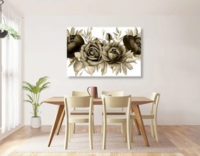 Φανταστείτε τον γοητευτικό συνδυασμό λουλουδιών και φύλλων σε σχέδιο σέπια - 90x60