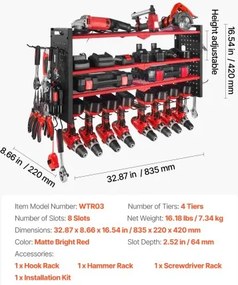 VEVOR Power Tool Organizer Wall Mount, 4-Layer Storage Rack with 8 Drill Holders, Tools Holder and Storage Rack with Side Pegboards, Garage Tool Organizer for Garage, Workbench, and Workshop