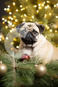 Intra Συλλεκτικό Ξύλινο Παζλ Plywood  4mm - Pug που περιβάλλεται από χριστουγεννιάτικα στολίδια Σε Ξύλινο Κουτί - Διαστάσεις: 10x10 cm – 25 κομμάτια