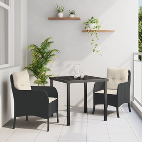 vidaXL σετ τραπεζαρίας 3 τμχ σε κήπο με μαξιλάρια μαύρο πολυράτταν