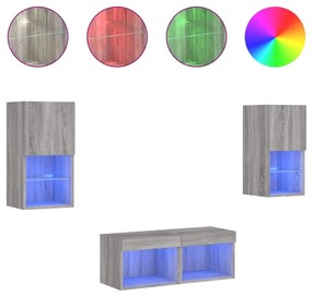 vidaXL Ντουλάπια Τηλεόρασης Τοίχου 4 Τεμ. με Φώτα LED Γκρι Sonoma