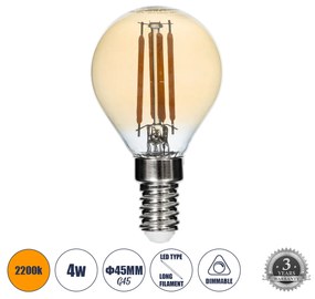 GloboStar 99033 Λάμπα LED Long Filament E14 G45 Γλομπάκι 4W 350lm 360° AC 220-240V IP20 Φ4.5 x Υ7.5cm Ultra Θερμό Λευκό 2200K με Μελί Γυαλί - Dimmable - 3 Years Warranty