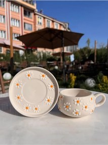 Stewehome Σετ κεραμικό φλιτζάνι και πιάτο με σχέδιο μαργαρίτας Λευκό