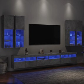 vidaXL Ντουλάπια Τηλεόρασης Τοίχου 7 τεμ. Φώτα LED Γκρι Σκυροδέματος