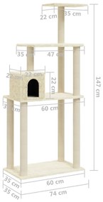 Γατόδεντρο Κρεμ 147 εκ. με Στύλους Ξυσίματος από Σιζάλ - Κρεμ