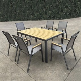 WOODWELL Ε6797,1SVIRNA Set Τραπεζαρία: Τραπέζι + 6 Πολυθρόνες, Μέταλλο Βαφή Ανθρακί, Polywood Φυσικό Table:150x90x73 Chair:56x63x90 Ε6797,1S