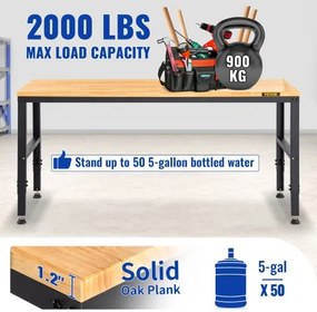 VEVOR Adjustable Height Workbench 61"L x 20"W Work Bench Table with Power Outlet