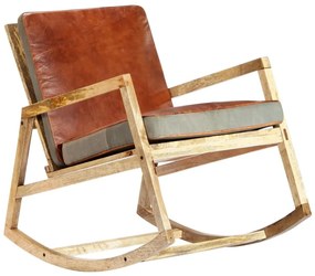 Καρέκλα Κουνιστή Καφέ από Γνήσιο Δέρμα και Μασίφ Ξύλο Μάνγκο - Καφέ