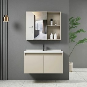 WOODWELL ΕΝ100,2IDEA-1 Set Έπιπλο Κρεμαστό Μπάνιου Cream, Καθρέπτης + Πάγκος με Νιπτήρα και Μπαταρία Up:55x11x60cm Down:60x47x45cm ΕΝ100,2