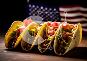 Intra Συλλεκτικό Ξύλινο Παζλ Plywood  4mm - Tacos σε ξύλινο τραπέζι μπροστά από την αμερικανική σημαία Σε Ξύλινο Κουτί - Διαστάσεις: 10x10 cm – 25 κομμάτια