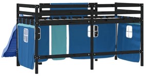 vidaXL Υπερυψ. Κρεβάτι με Κουρτίνες Μπλε 90x190 εκ. Μασίφ Ξύλο Πεύκου