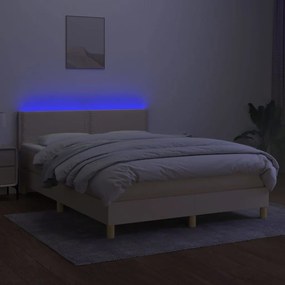 Κρεβάτι Boxspring με Στρώμα &amp; LED Κρεμ 140x190 εκ. Υφασμάτινο - Κρεμ