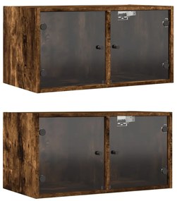 vidaXL Κομοδίνα 2 τεμ. Καπνιστή Δρυς 68,5x37x35 εκ. με Γυάλινες Πόρτες