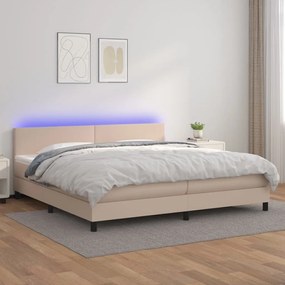 Κρεβάτι Boxspring Στρώμα&amp;LED Καπουτσίνο 200x200 εκ. Συνθ. Δέρμα - Καφέ