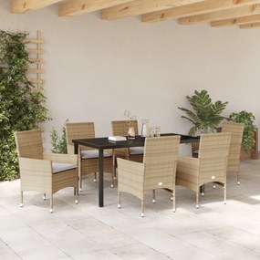vidaXL Σετ Τραπεζαρίας 7 Τεμαχίων με Μαξιλάρια Μπεζ Πολυ Ρατάν