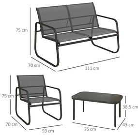 Outsunny Σετ επίπλων κήπου 4 τεμαχίων, 2 πολυθρόνες, καναπές 2 θέσεων, τραπέζι με γυάλινη επιφάνεια, αναπνέον ύφασμα, μεταλλικός σκελετός, μαύρο