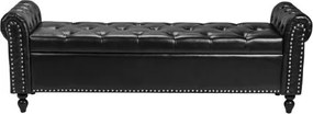 VEVOR Button-Tufted Storage Ottoman Bench Rolled Arm PU Leather Wood Legs Black