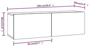 Έπιπλα Τηλεόρασης Τοίχου 2 τεμ. Μαύρα 100x30x30 εκ. Επεξ. Ξύλο - Μαύρο