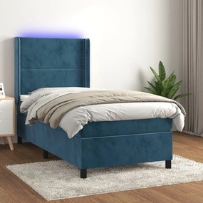 vidaXL Κρεβάτι Boxspring με Στρώμα &amp; LED Σκ. Μπλε 100x200εκ. Βελούδινο