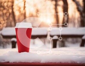 Intra Συλλεκτικό Ξύλινο Παζλ Plywood 4mm - Κόκκινο φλιτζάνι καφέ στο χιονισμένο έδαφος Σε Ξύλινο Κουτί - Διαστάσεις Puzzle: 10x10 cm – 25 κομμάτια