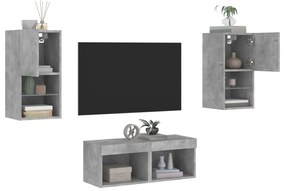 vidaXL Ντουλάπια Τηλεόρασης Τοίχου 4Τεμ. με Φώτα LED Γκρι Σκυροδέματος