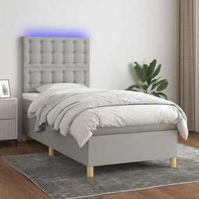 vidaXL Κρεβάτι Boxspring με Στρώμα & LED Αν.Γκρι 90x190 εκ. Υφασμάτινο