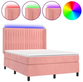 vidaXL Κρεβάτι Boxspring με Στρώμα &amp; LED Ροζ 140x190 εκ. Βελούδινο