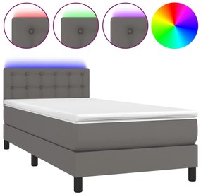 vidaXL Κρεβάτι Boxspring με Στρώμα &amp; LED Γκρι 100x200 εκ. Συνθ. Δέρμα