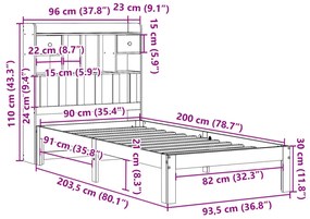 Κρεβάτι Βιβλιοθήκη Χωρίς Στρώμα 90x200 εκ Μασίφ Ξύλο Πεύκου - Καφέ
