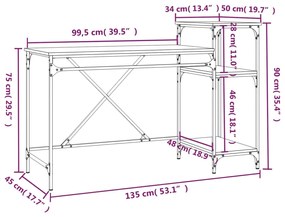 Γραφείο με Ράφια Sonoma Δρυς 135x50x90 εκ. Επεξ. Ξύλο/Σίδηρος - Καφέ