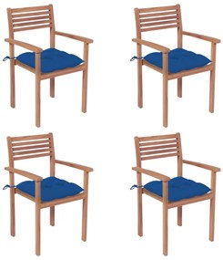 vidaXL Καρέκλες Κήπου 4 Τεμαχίων από Μασίφ Ξύλο Teak με Μπλε Μαξιλάρια