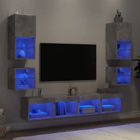 vidaXL Έπιπλα Τοίχου Τηλεόρασης 8 τεμ. LED Γκρι Σκυρ. από Επεξ. Ξύλο