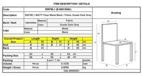 Καρέκλα Μεταλλική MATT Μαύρη/Ύφασμα Suede Ανθρακί 55x61x88cm (Σετ 4 ΤΕΜ)