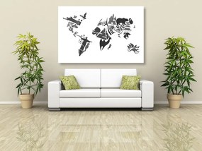Εικόνα χάρτης του κόσμου με σύμβολα ηπείρων σε μαύρο & άσπρο - 60x40
