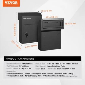 VEVOR Through The Door Key Drop Box 12x6x16&quot; Mailbox with 1.8&quot;12&quot; Key Lock Black