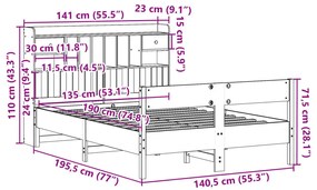 Κρεβάτι Βιβλιοθήκη Χωρίς Στρώμα 135x190 εκ Μασίφ Ξύλο Πεύκου - Καφέ