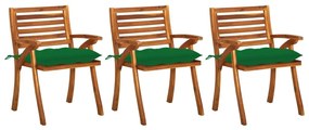 Καρέκλες Τραπεζαρίας Κήπου 3 τεμ Μασίφ Ξύλο Ακακίας &amp; Μαξιλάρια - Πράσινο