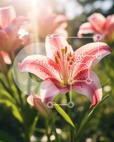 Intra Συλλεκτικό Ξύλινο Παζλ Plywood  4mm - Ροζ κρίνοι σε ένα πράσινο χωράφι με λαμπερή ηλιοφάνεια Σε Ξύλινο Κουτί - Διαστάσεις: 10x10 cm – 25 κομμάτια