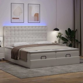 vidaXL Οθωμανικό κρεβάτι με στρώματα &amp; LEDs Καθαρό λευκό Faux Leather