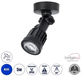 GloboStar GARDENINI 61548 Επιφανειακό Φωτιστικό Σποτ Κήπου LED 5W 550lm 38° DC 24V IP68 Υψηλής Αντοχής ABS IK06 Φ7 x Υ14.5cm - Μπλε 450nm Dimmable - Μαύρο - Bridgelux Chip - 3 Years Warranty - 61548